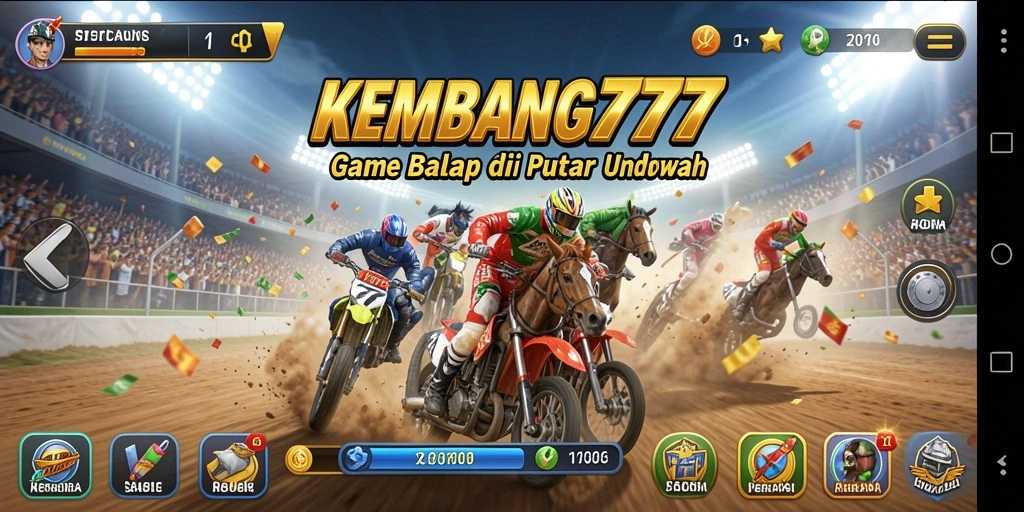 Tangkapan layar gameplay KEMBANG777 menampilkan aksi balap yang mendebarkan dan mobil berkecepatan tinggi.