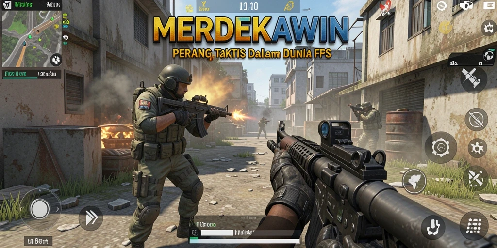 Tangkapan layar <strong>MERDEKAWIN</strong> menunjukkan pertempuran FPS yang intens dan mendebarkan.