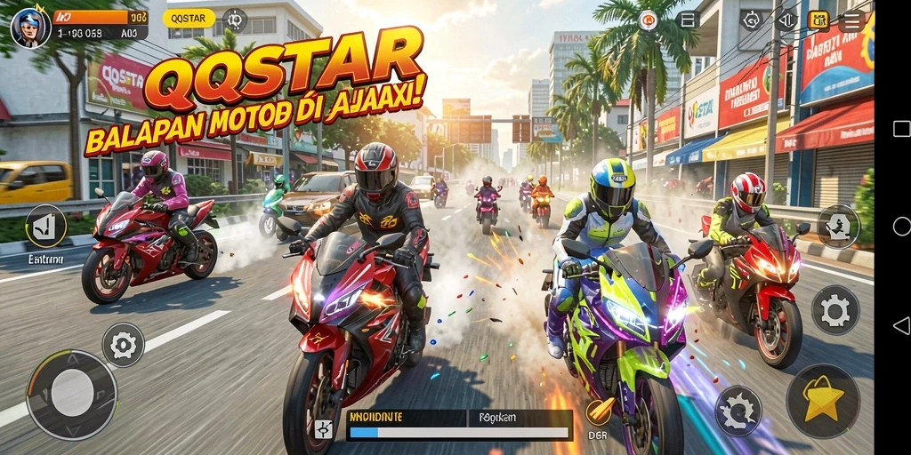 Tampilan gameplay <strong>QQSTAR</strong> saat balapan motor yang mendebarkan.