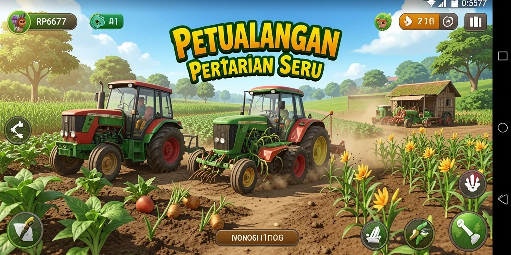 Tampilan gameplay RP6677 dengan lahan pertanian yang berwarna-warni.